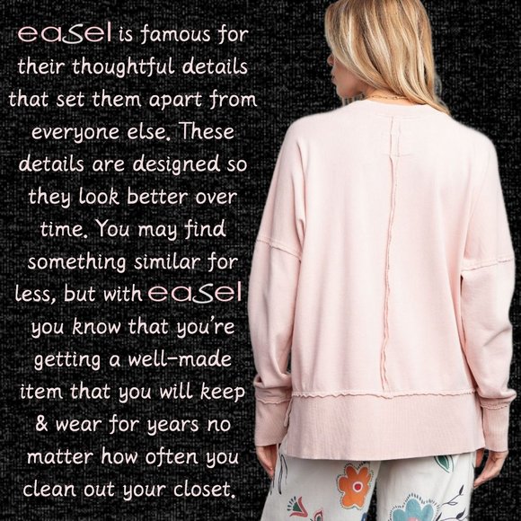 EASEL "SUPER COZY" Mineral Washed Distressed Seams Long Sleeved Top W/Side Slits - Picture 4 of 13